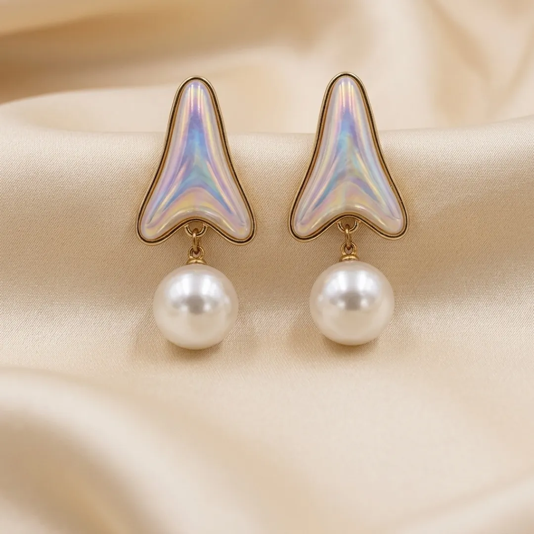 Gold Iridescent Pearl Drop Earrings - Designer Party Wear Bridal Jewellery