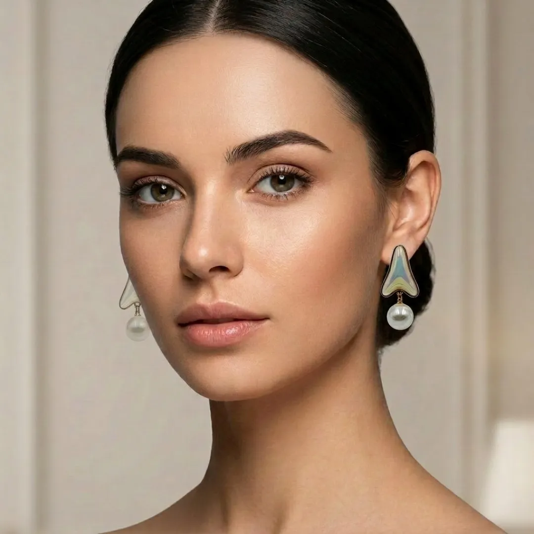 Gold Iridescent Pearl Drop Earrings - Designer Party Wear Bridal Jewellery