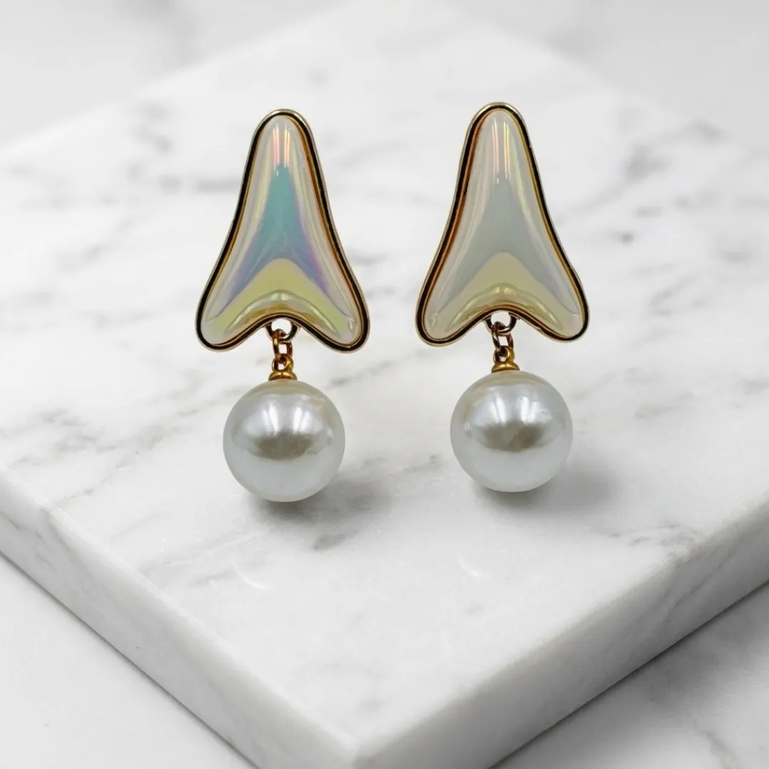 Gold Iridescent Pearl Drop Earrings - Designer Party Wear Bridal Jewellery