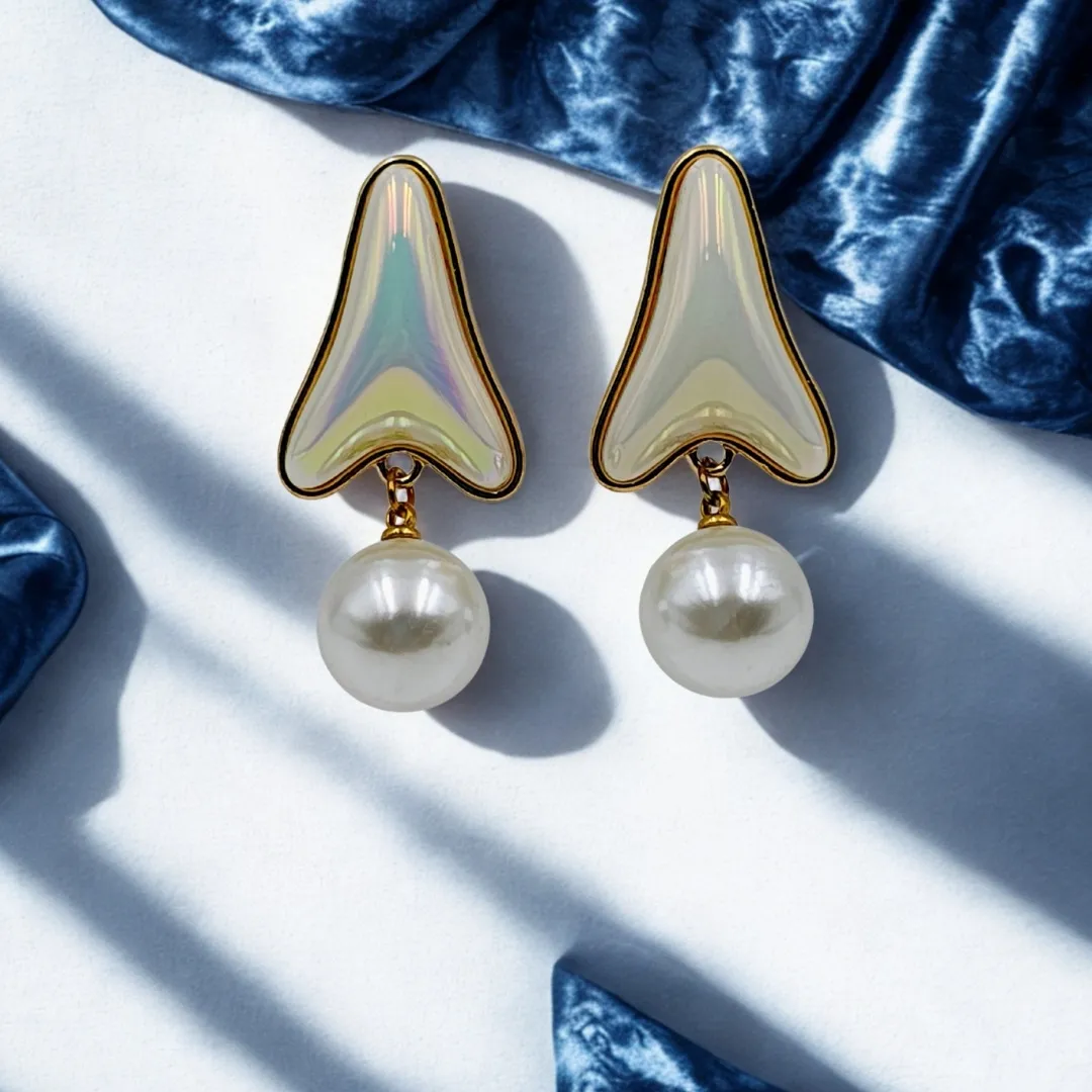 Gold Iridescent Pearl Drop Earrings - Designer Party Wear Bridal Jewellery