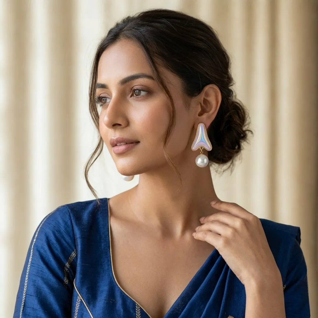 Gold Iridescent Pearl Drop Earrings - Designer Party Wear Bridal Jewellery