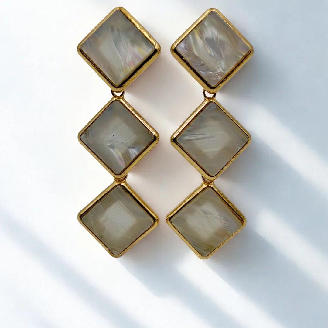 Gold Square Stone Drop Earrings - Designer Party Wear Fashion Jewellery