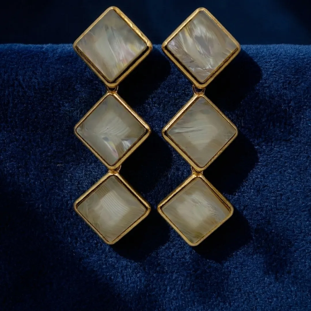 Gold Square Stone Drop Earrings - Designer Party Wear Fashion Jewellery