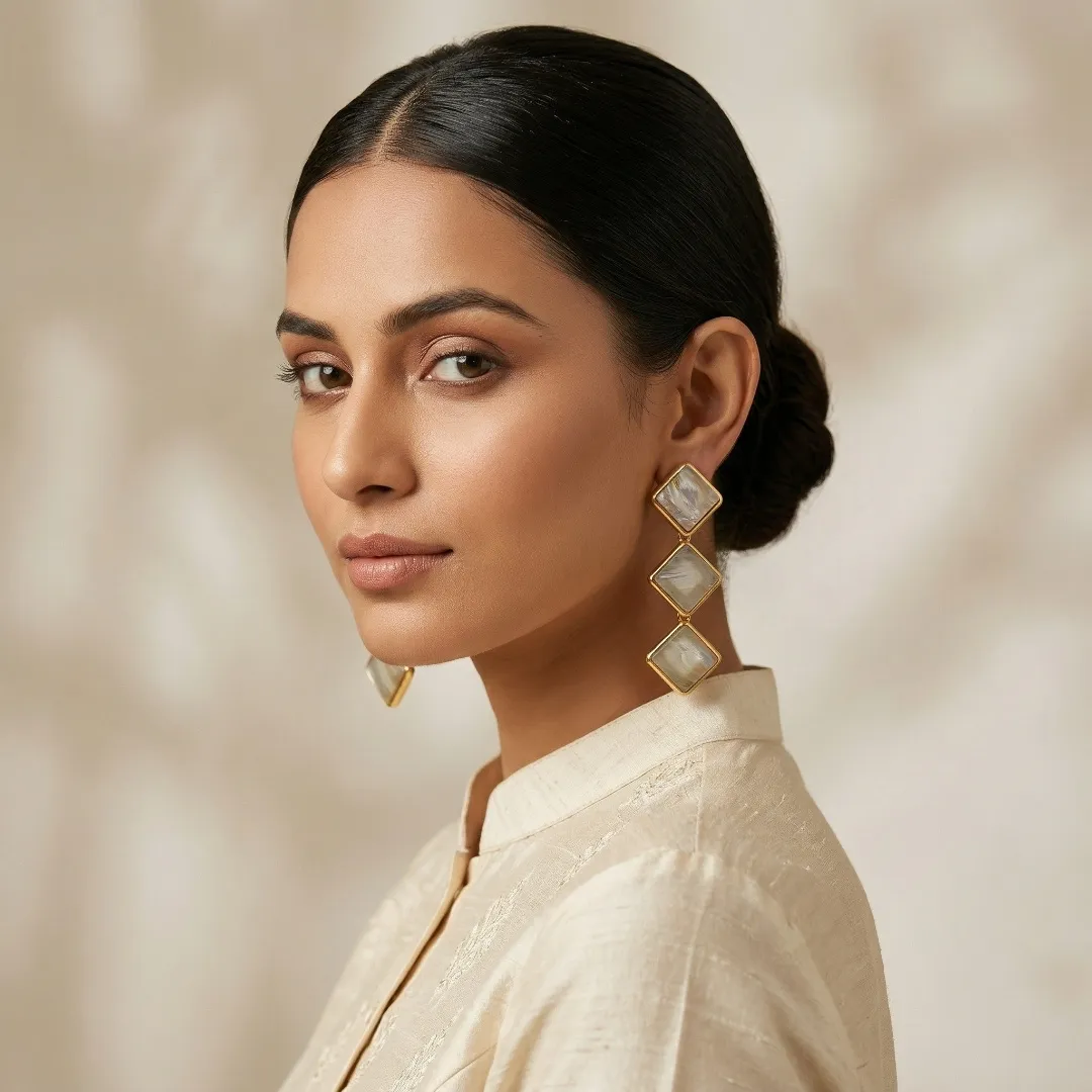 Gold Square Stone Drop Earrings - Designer Party Wear Fashion Jewellery