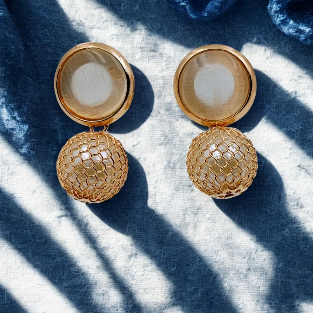 Rose Gold Pearl & Mesh Ball Drop Earrings - Designer Party Wear Jewellery