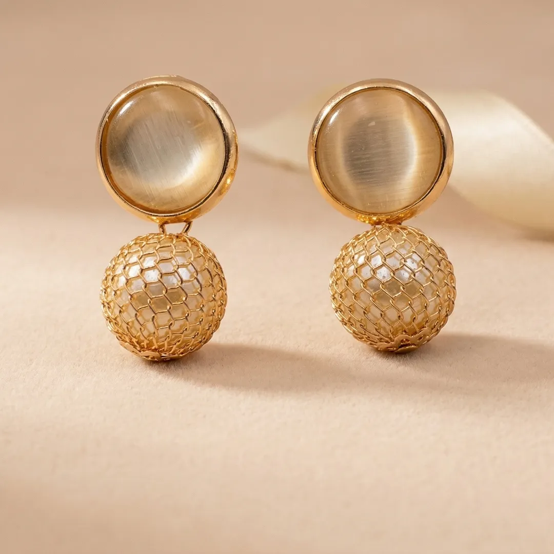 Rose Gold Pearl & Mesh Ball Drop Earrings - Designer Party Wear Jewellery