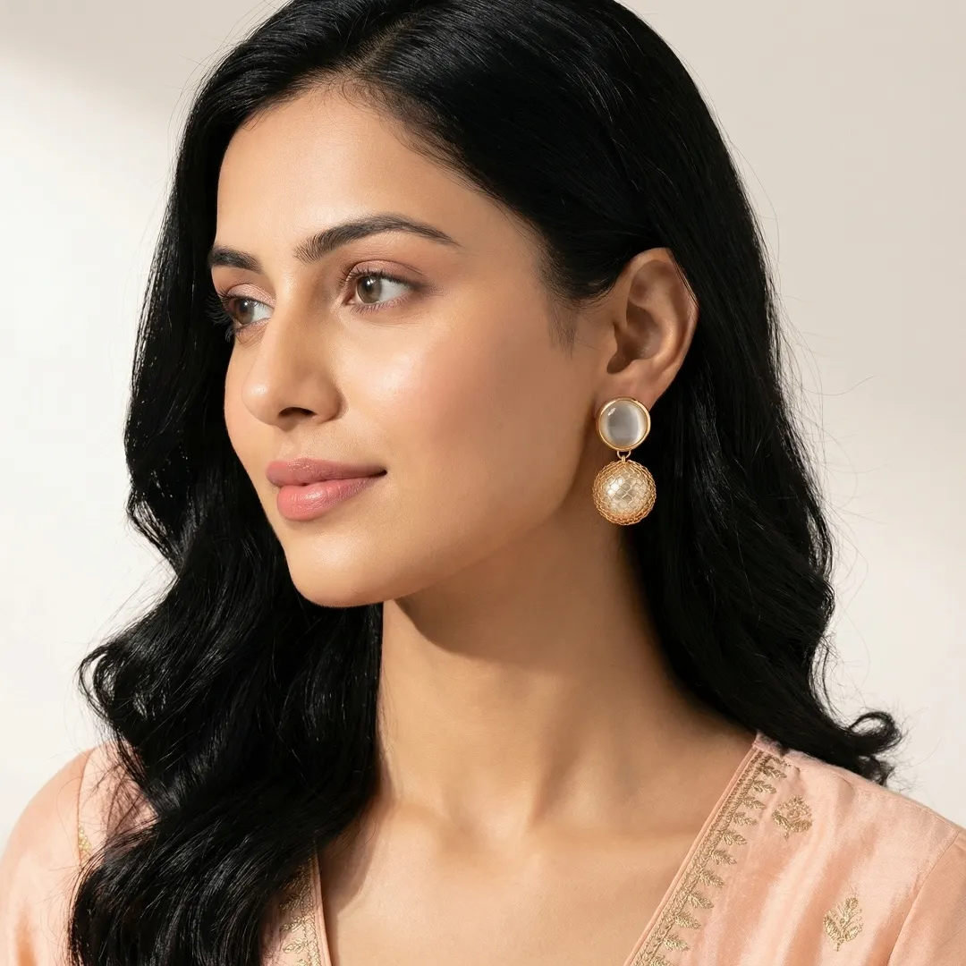 Rose Gold Pearl & Mesh Ball Drop Earrings - Designer Party Wear Jewellery