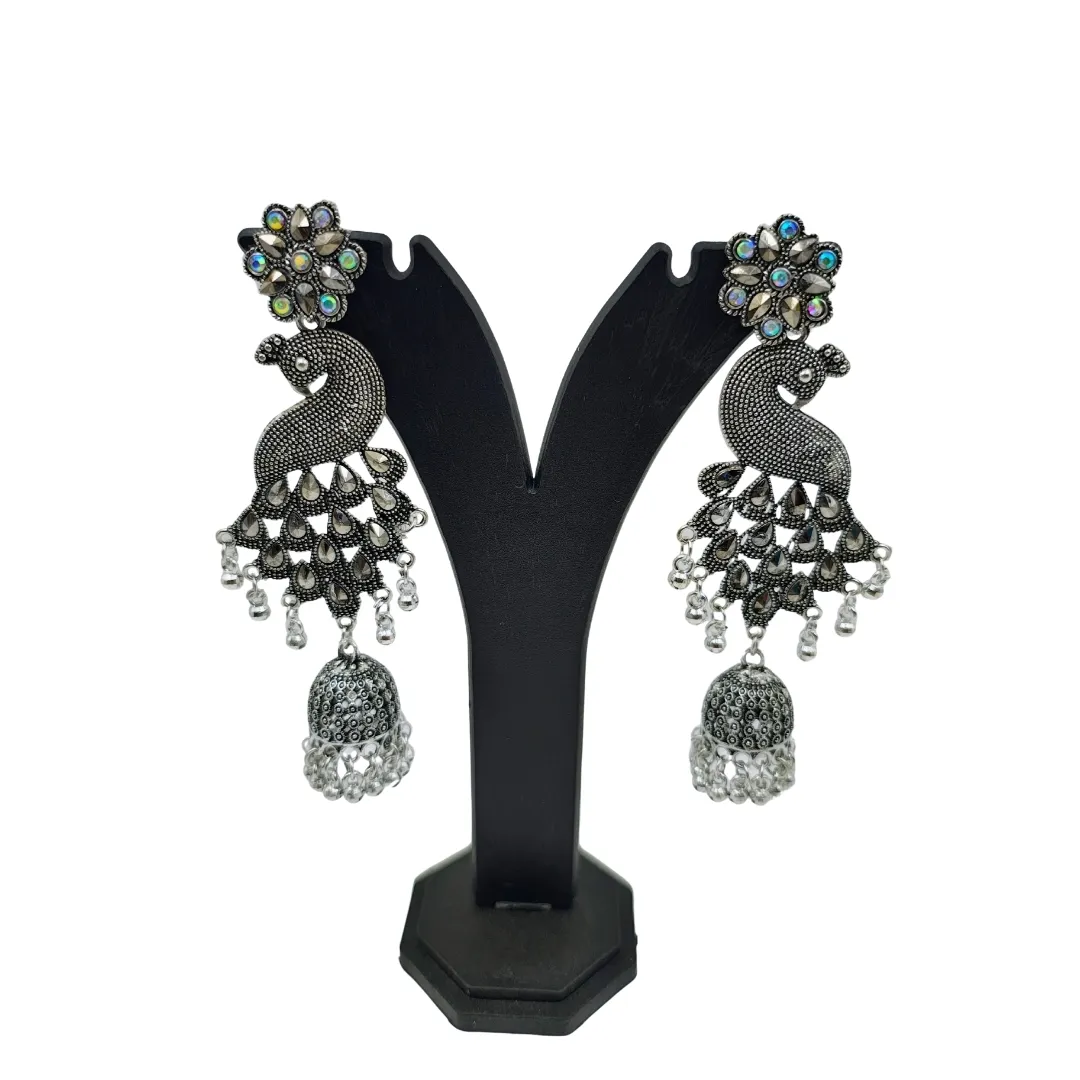 Oxidized Silver Peacock Jhumka Earrings with AD Stones - Traditional Bridal Jewellery