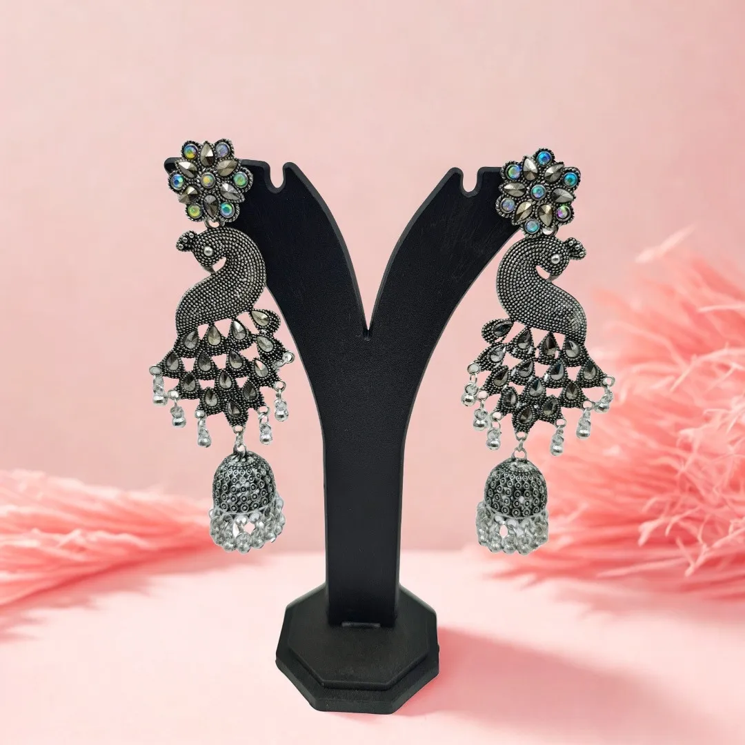 Oxidized Silver Peacock Jhumka Earrings with AD Stones - Traditional Bridal Jewellery