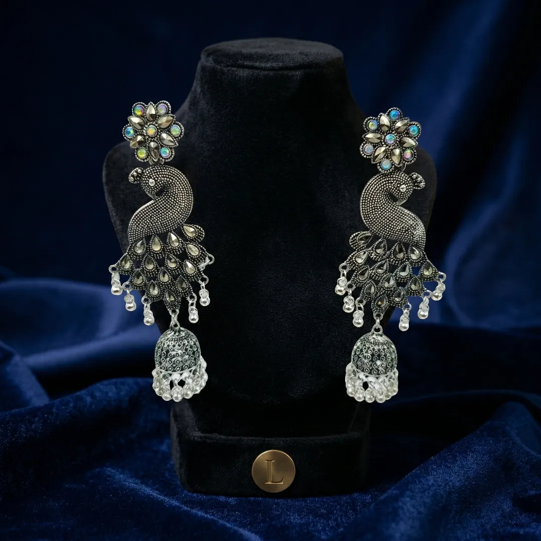 Oxidized Silver Peacock Jhumka Earrings with AD Stones - Traditional Bridal Jewellery