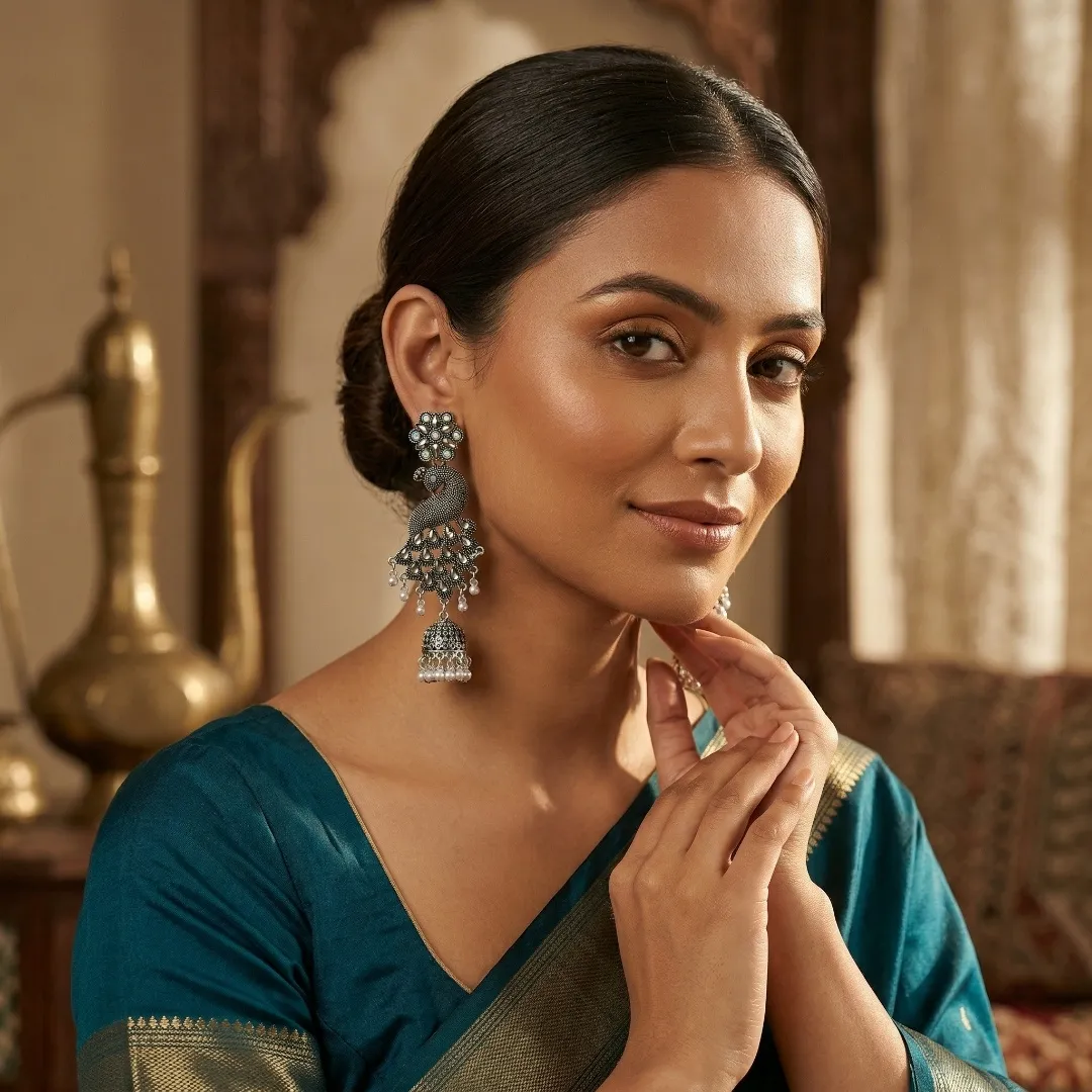 Oxidized Silver Peacock Jhumka Earrings with AD Stones - Traditional Bridal Jewellery