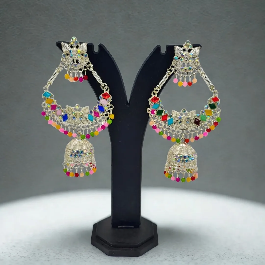 Silver Kundan Colorful Jhumka Earrings - Traditional Bridal Party Wear Jewellery
