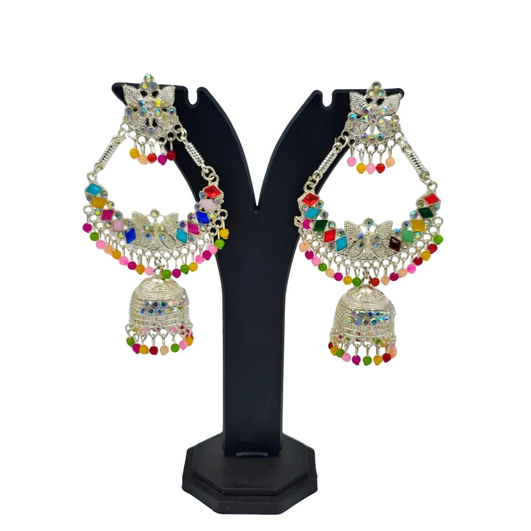 Silver Kundan Colorful Jhumka Earrings - Traditional Bridal Party Wear Jewellery