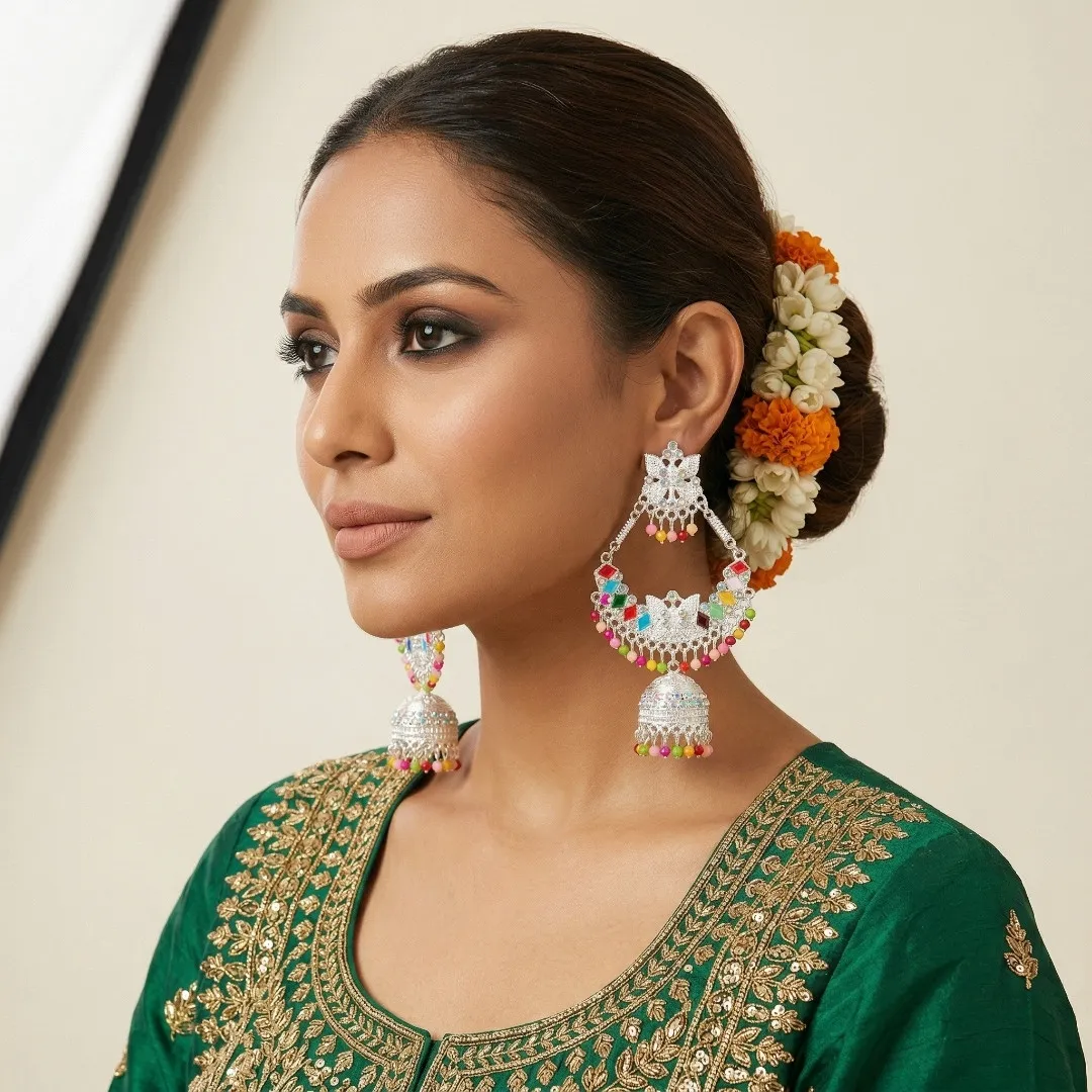 Silver Kundan Colorful Jhumka Earrings - Traditional Bridal Party Wear Jewellery