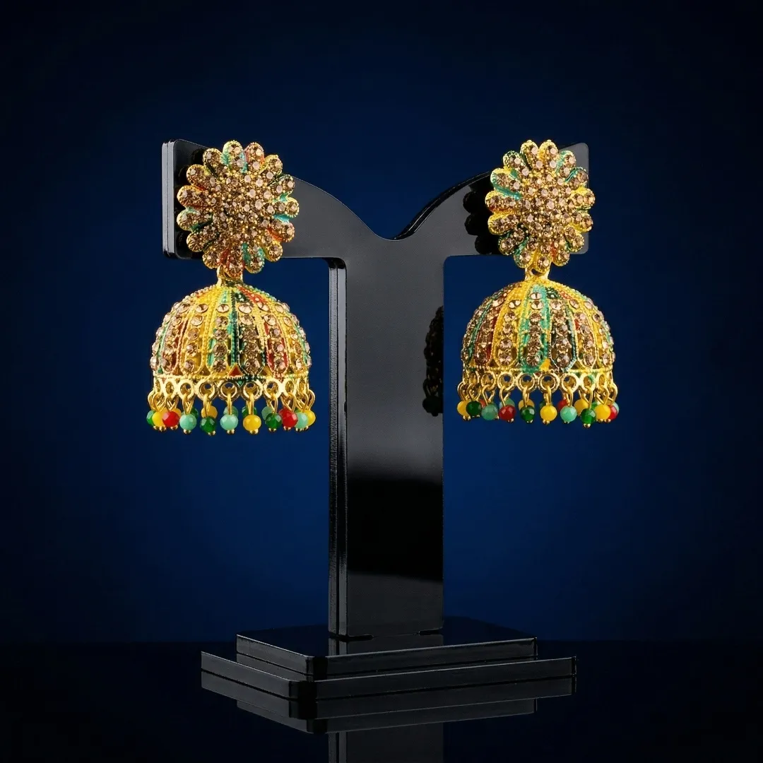 Gold Kundan Temple Jhumka Earrings with Colorful Beads - Bridal Wedding Jewellery