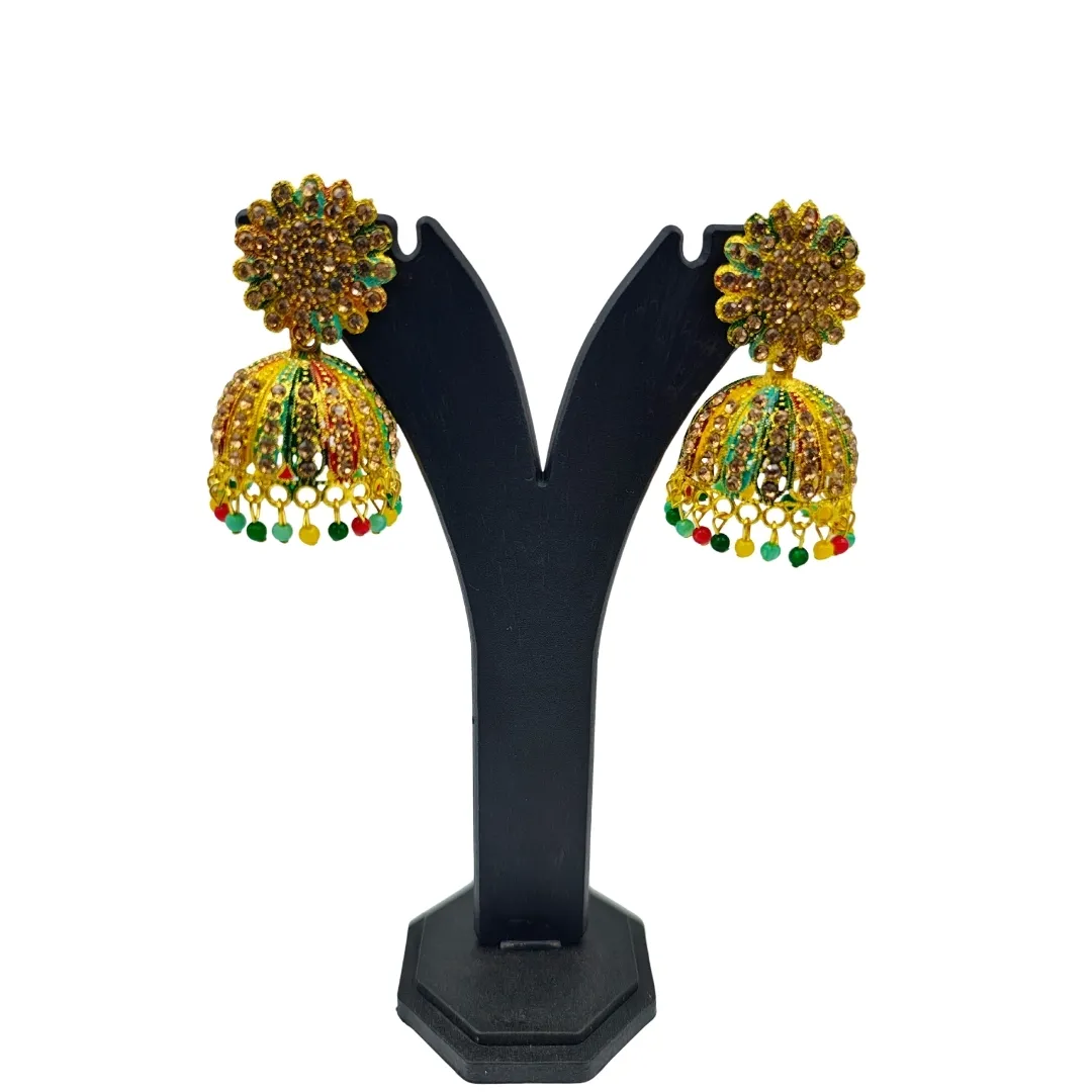 Gold Kundan Temple Jhumka Earrings with Colorful Beads - Bridal Wedding Jewellery