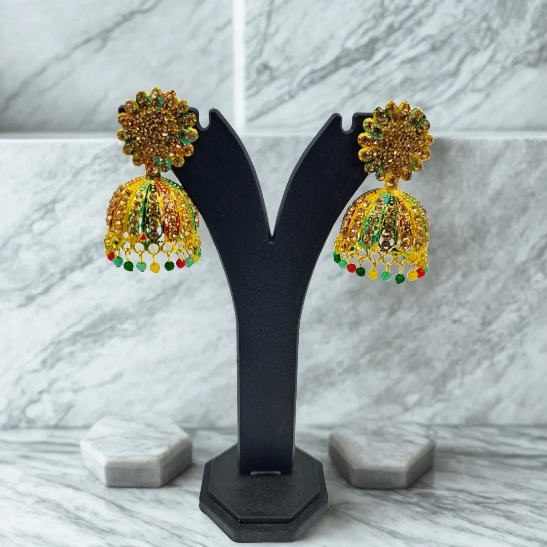 Gold Kundan Temple Jhumka Earrings with Colorful Beads - Bridal Wedding Jewellery