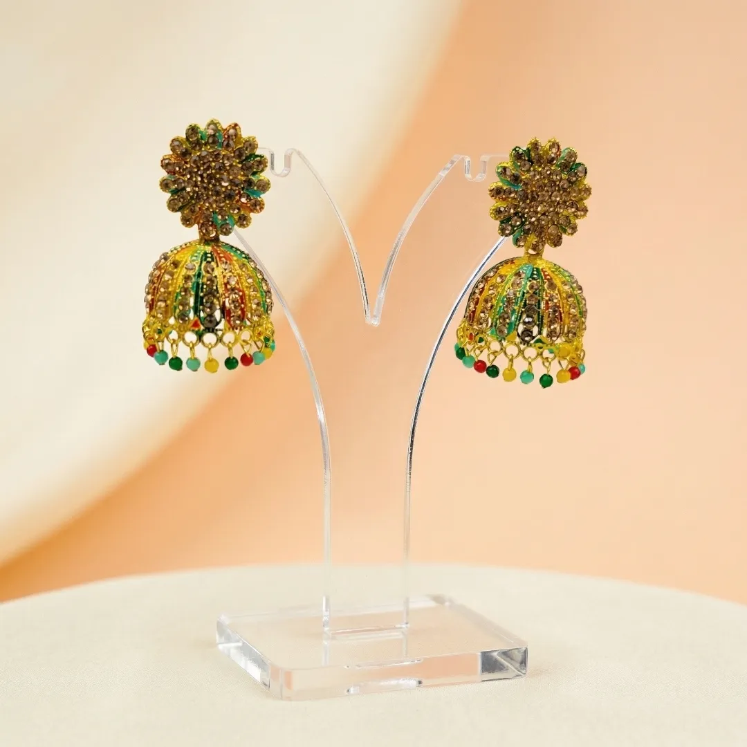 Gold Kundan Temple Jhumka Earrings with Colorful Beads - Bridal Wedding Jewellery