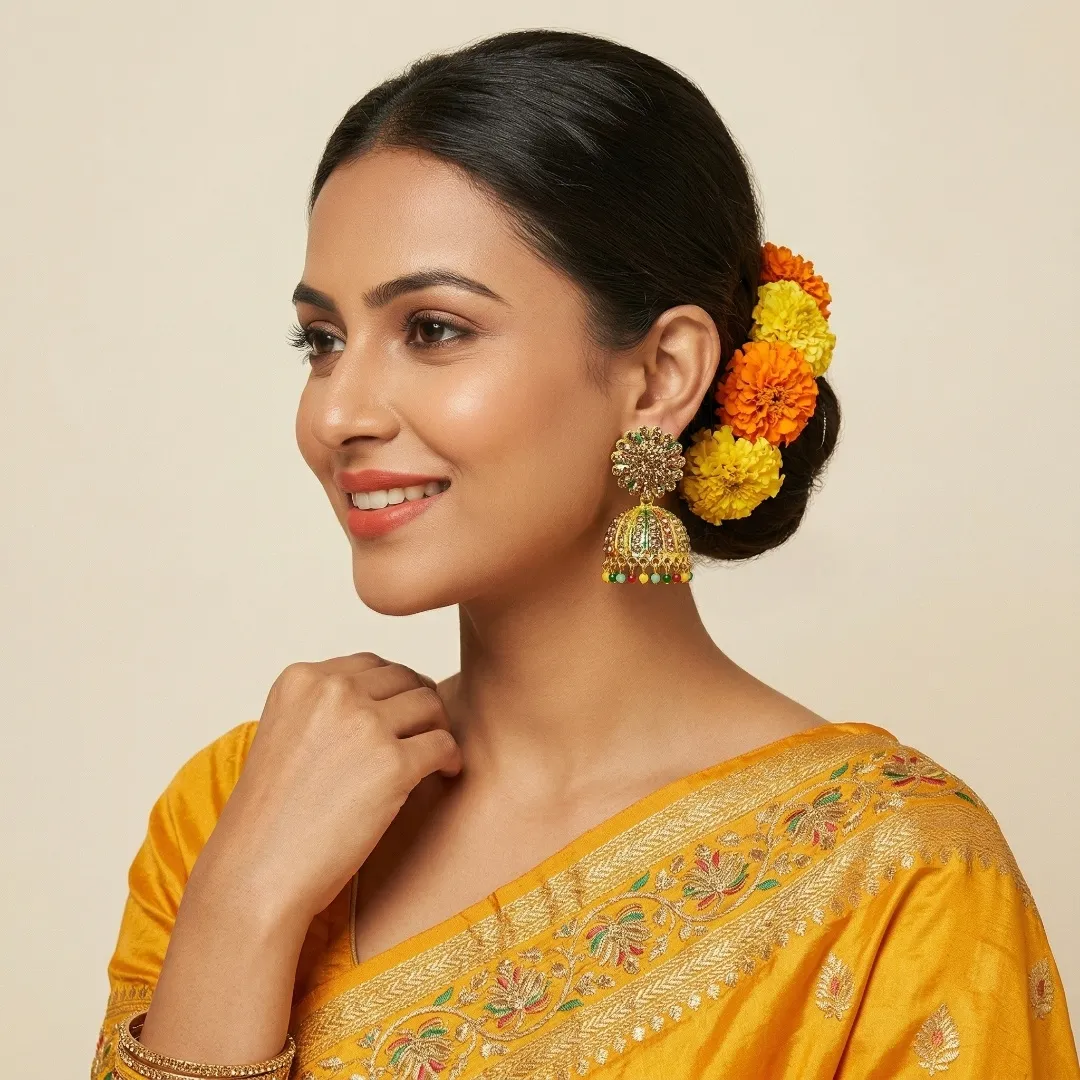 Gold Kundan Temple Jhumka Earrings with Colorful Beads - Bridal Wedding Jewellery