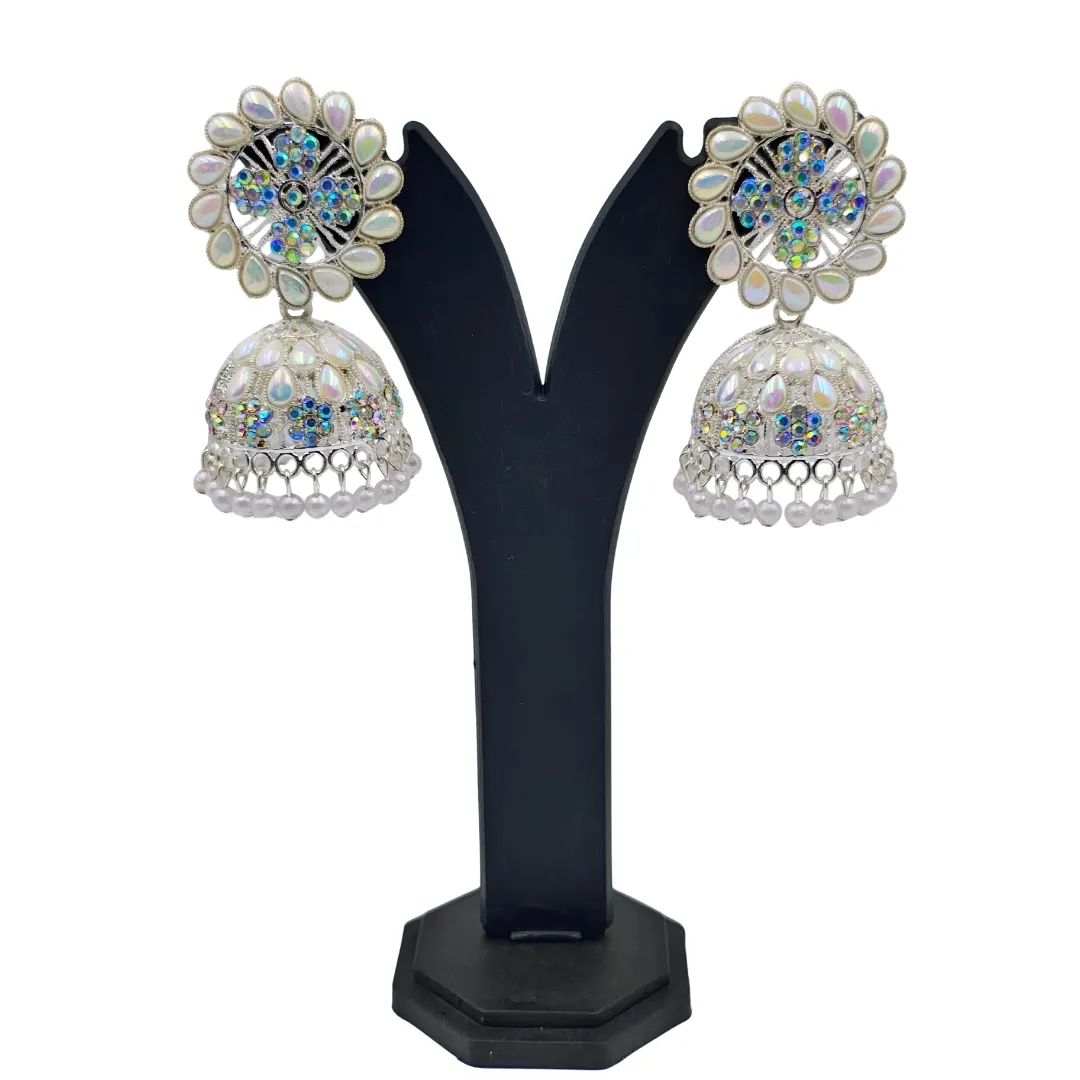 Silver Pearl AD Stone Jhumka Earrings - Bridal Traditional Wedding Jewellery