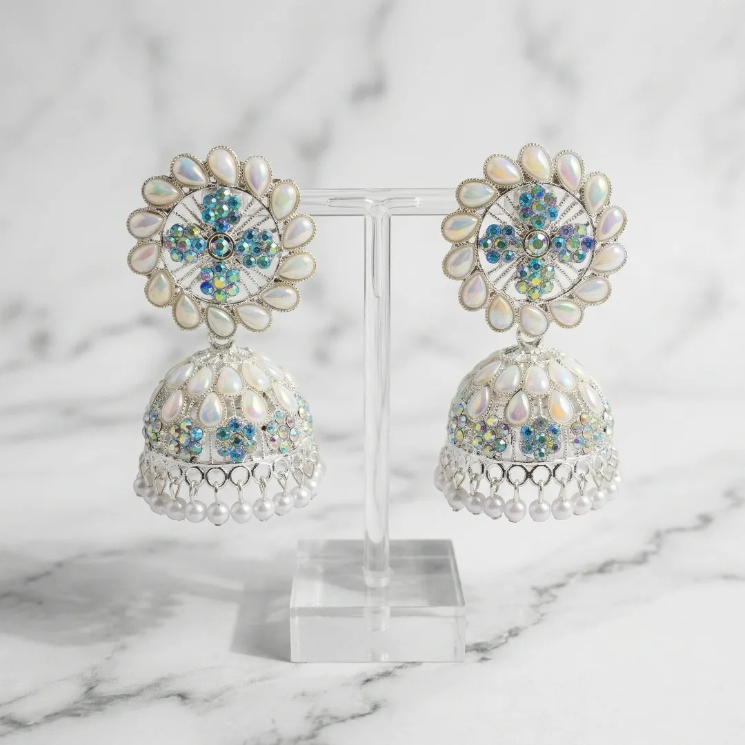 Silver Pearl AD Stone Jhumka Earrings - Bridal Traditional Wedding Jewellery
