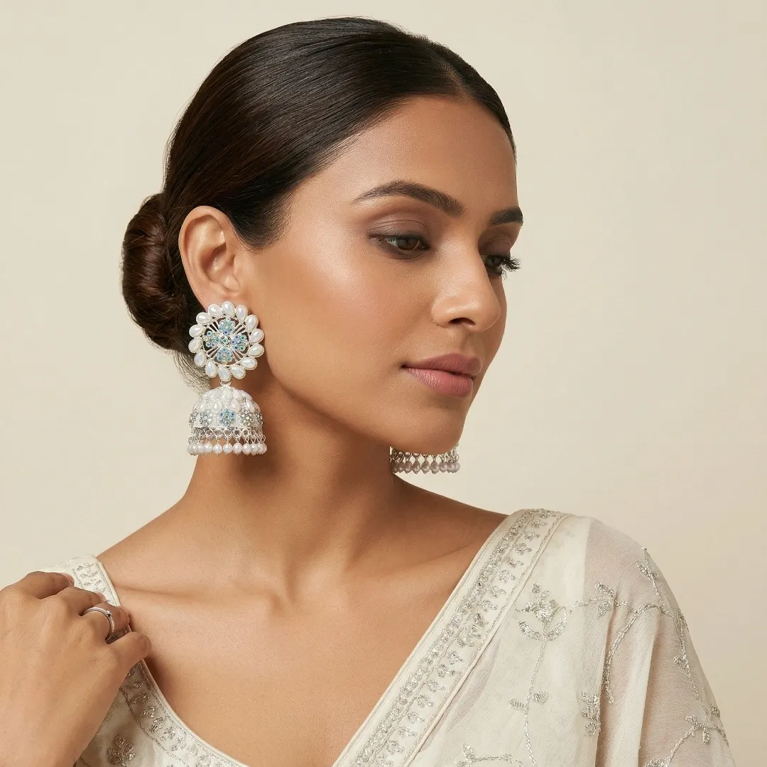 Silver Pearl AD Stone Jhumka Earrings - Bridal Traditional Wedding Jewellery