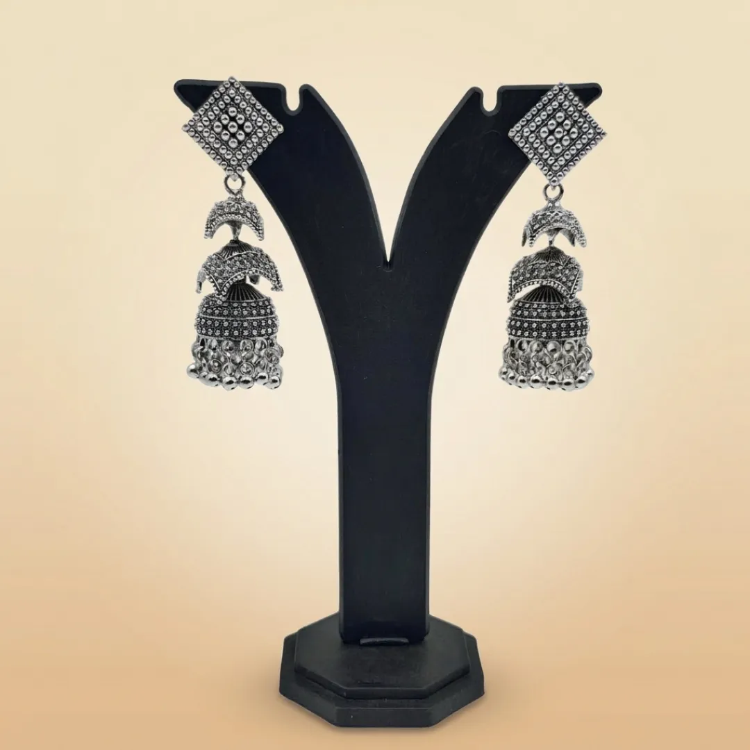 Oxidized Silver AD Stone Jhumka Earrings - Traditional Bridal Party Wear Jewellery