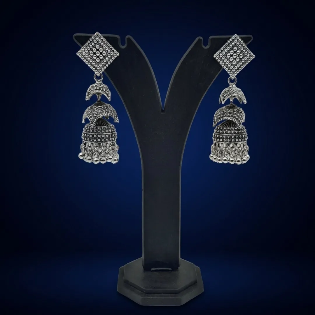 Oxidized Silver AD Stone Jhumka Earrings - Traditional Bridal Party Wear Jewellery