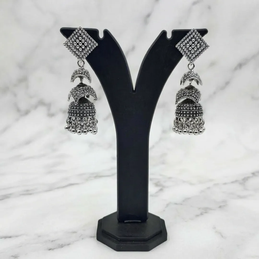 Oxidized Silver AD Stone Jhumka Earrings - Traditional Bridal Party Wear Jewellery