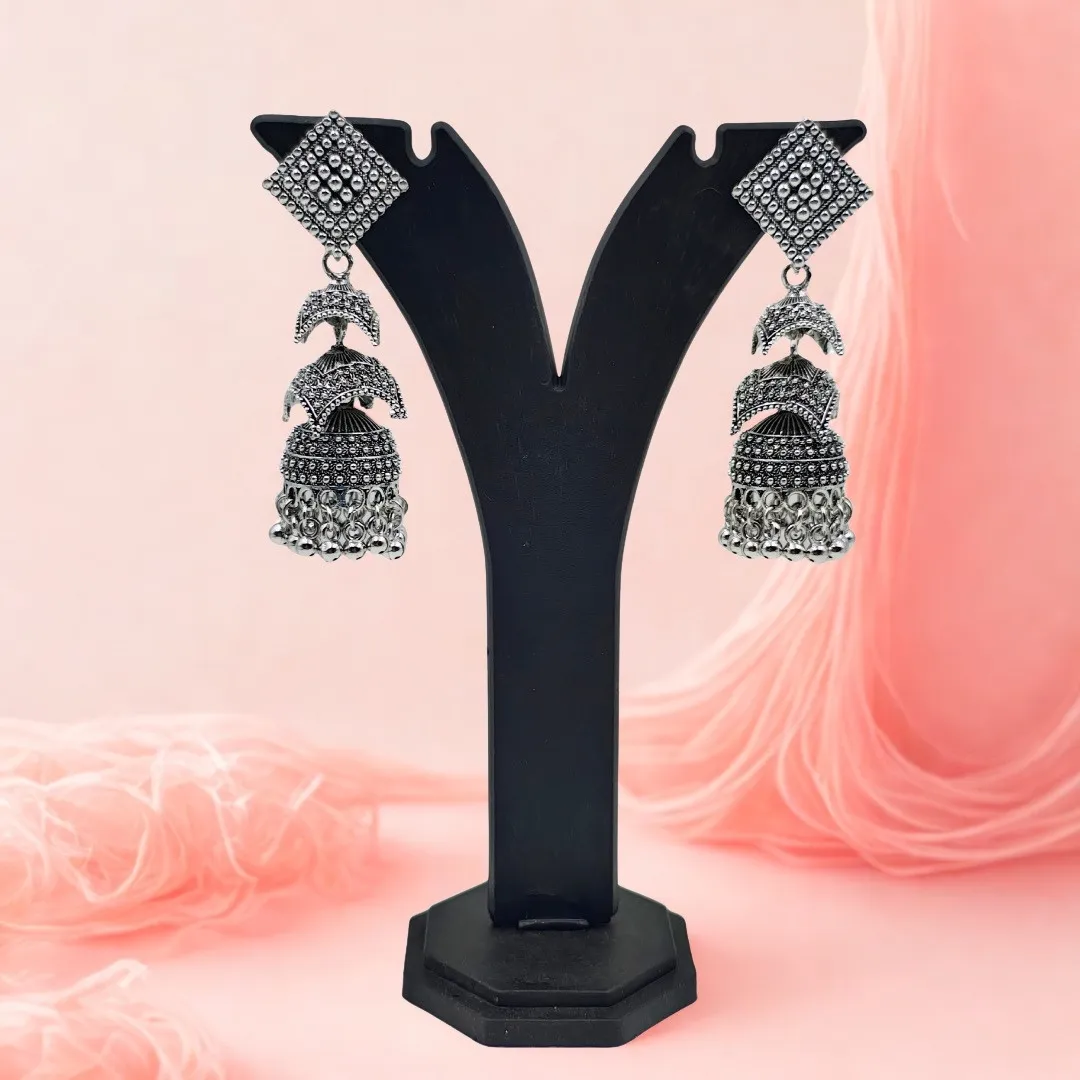 Oxidized Silver AD Stone Jhumka Earrings - Traditional Bridal Party Wear Jewellery
