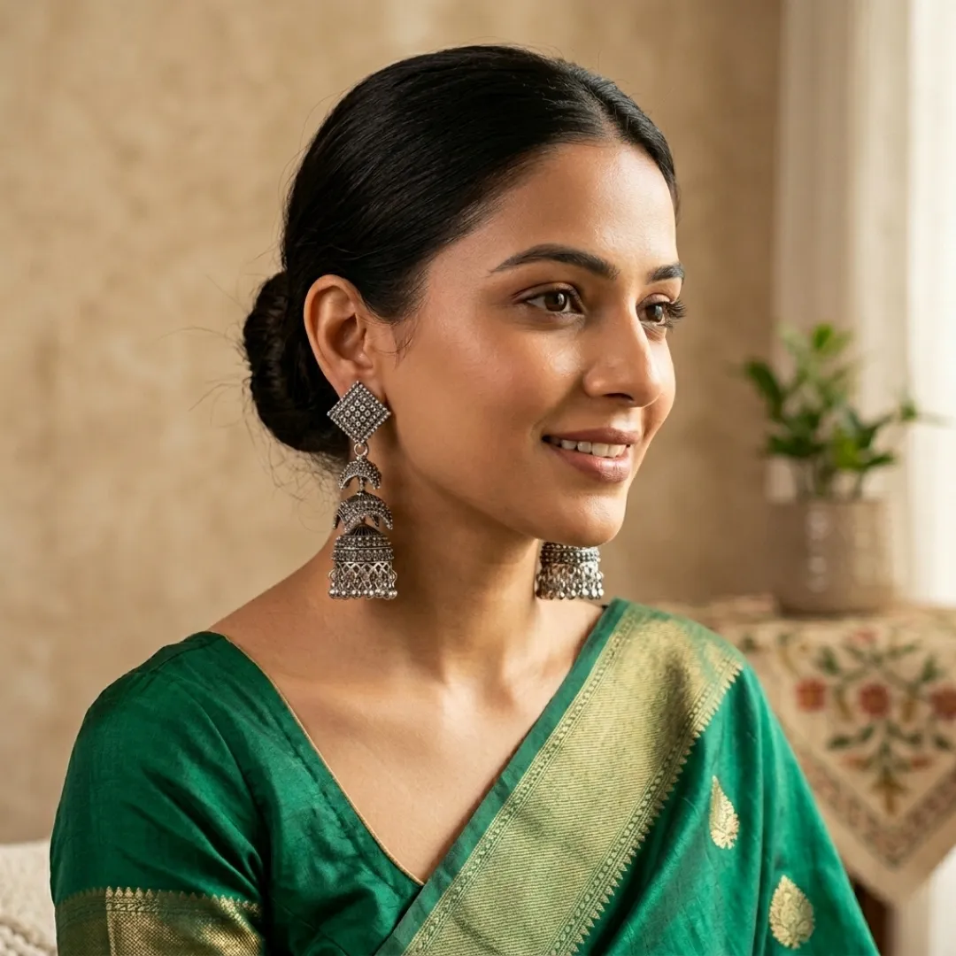 Oxidized Silver AD Stone Jhumka Earrings - Traditional Bridal Party Wear Jewellery