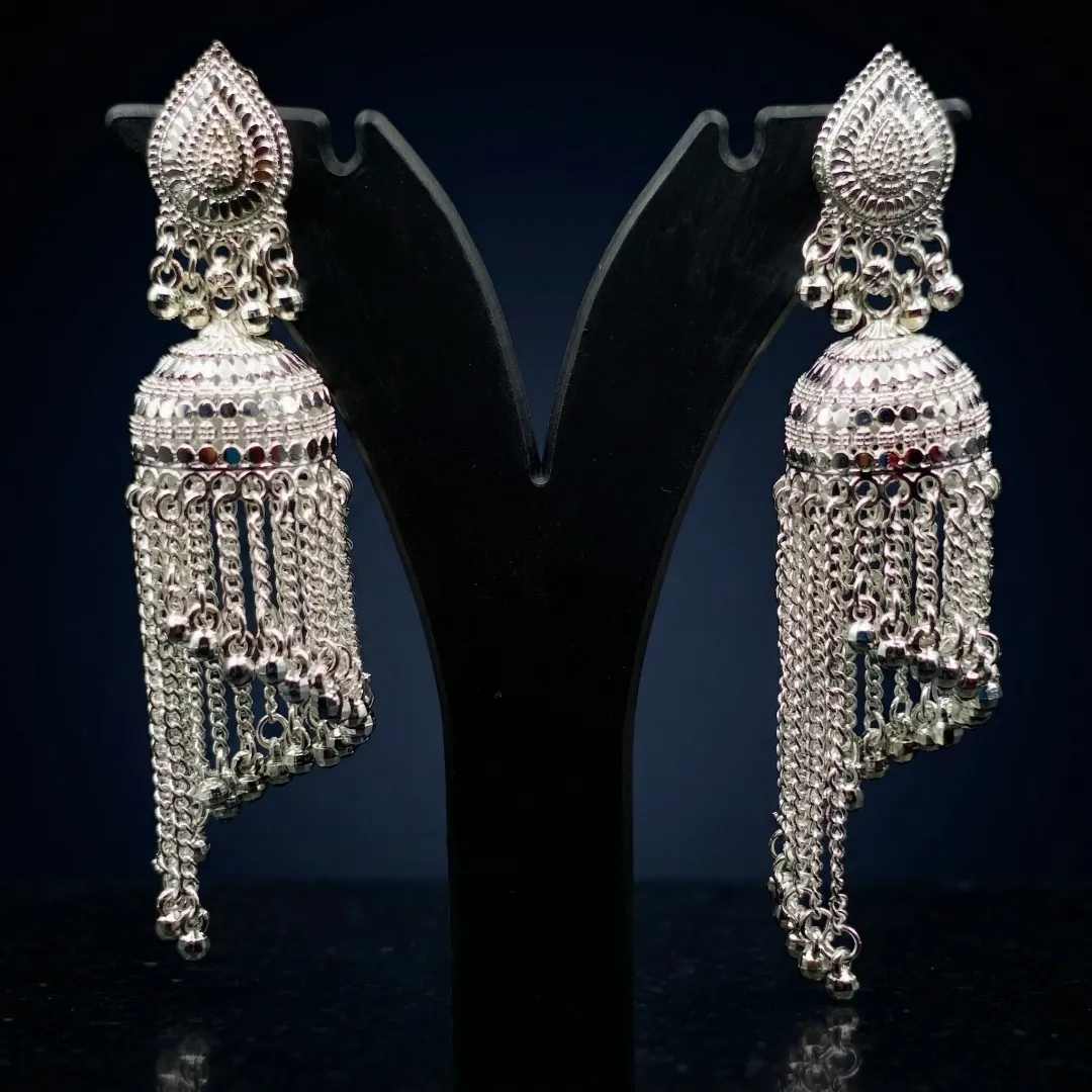 Silver Chain Tassel Drop Earrings - Designer Bridal Traditional Wedding Jewellery