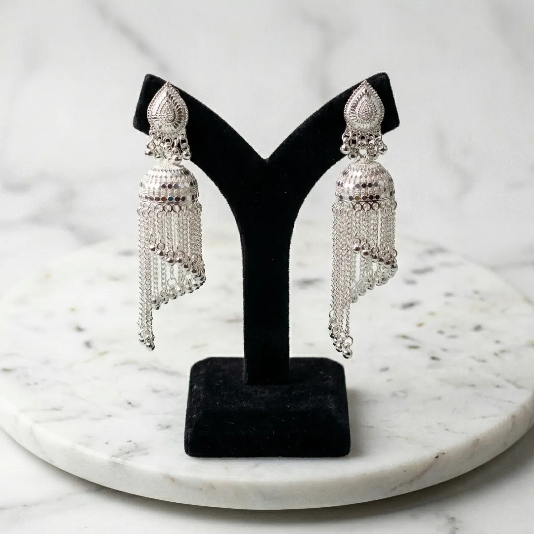Silver Chain Tassel Drop Earrings - Designer Bridal Traditional Wedding Jewellery