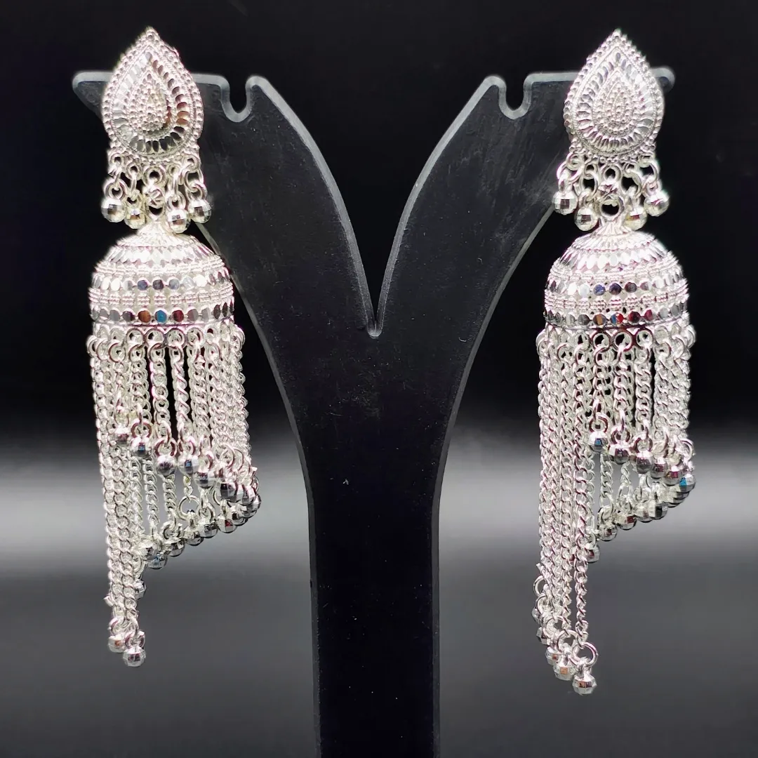 Silver Chain Tassel Drop Earrings - Designer Bridal Traditional Wedding Jewellery