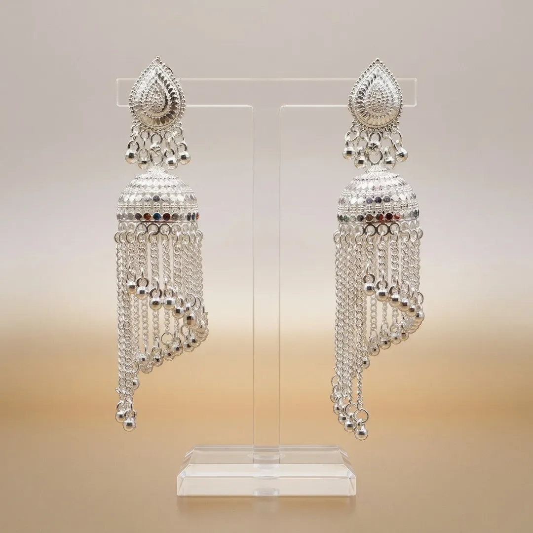 Silver Chain Tassel Drop Earrings - Designer Bridal Traditional Wedding Jewellery