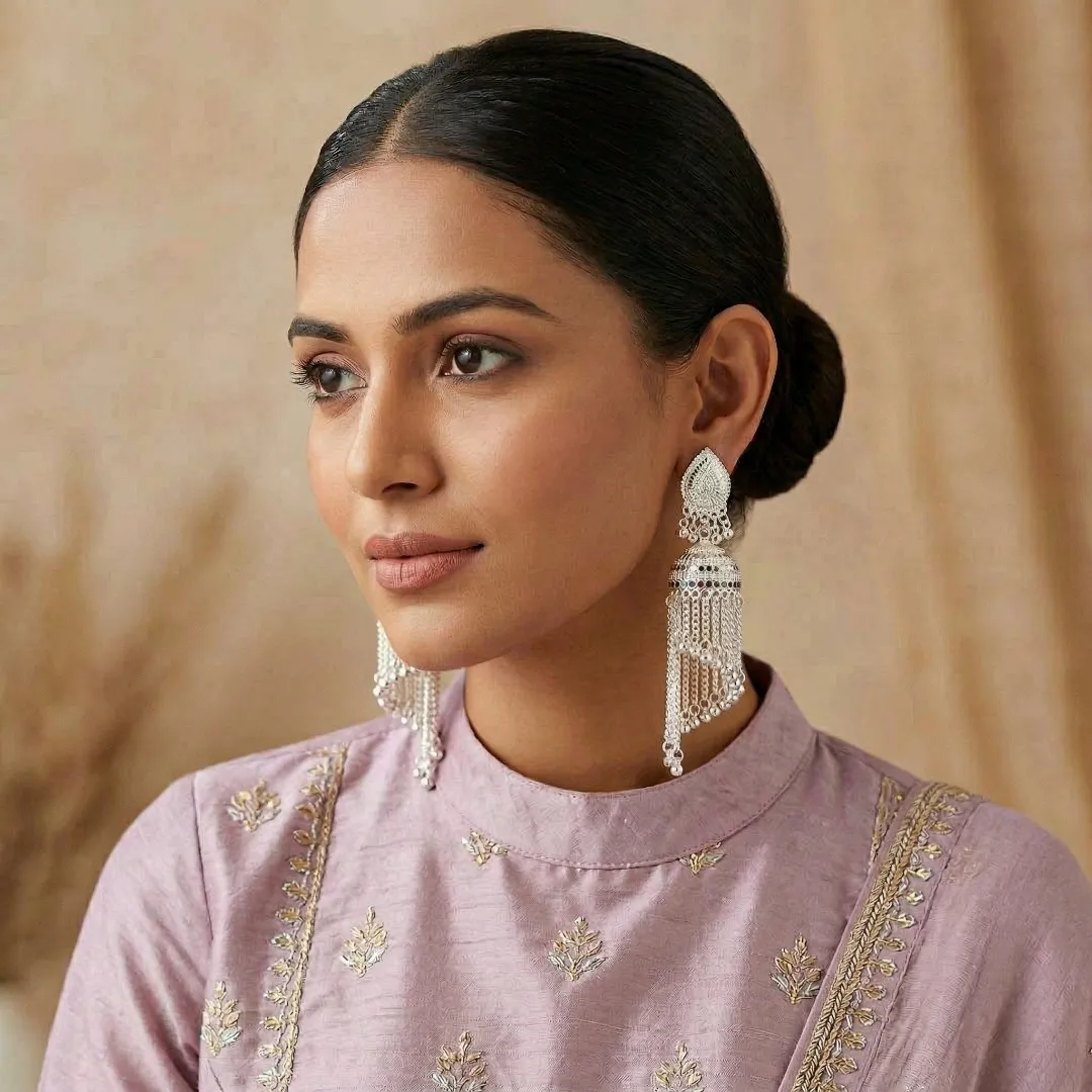 Silver Chain Tassel Drop Earrings - Designer Bridal Traditional Wedding Jewellery