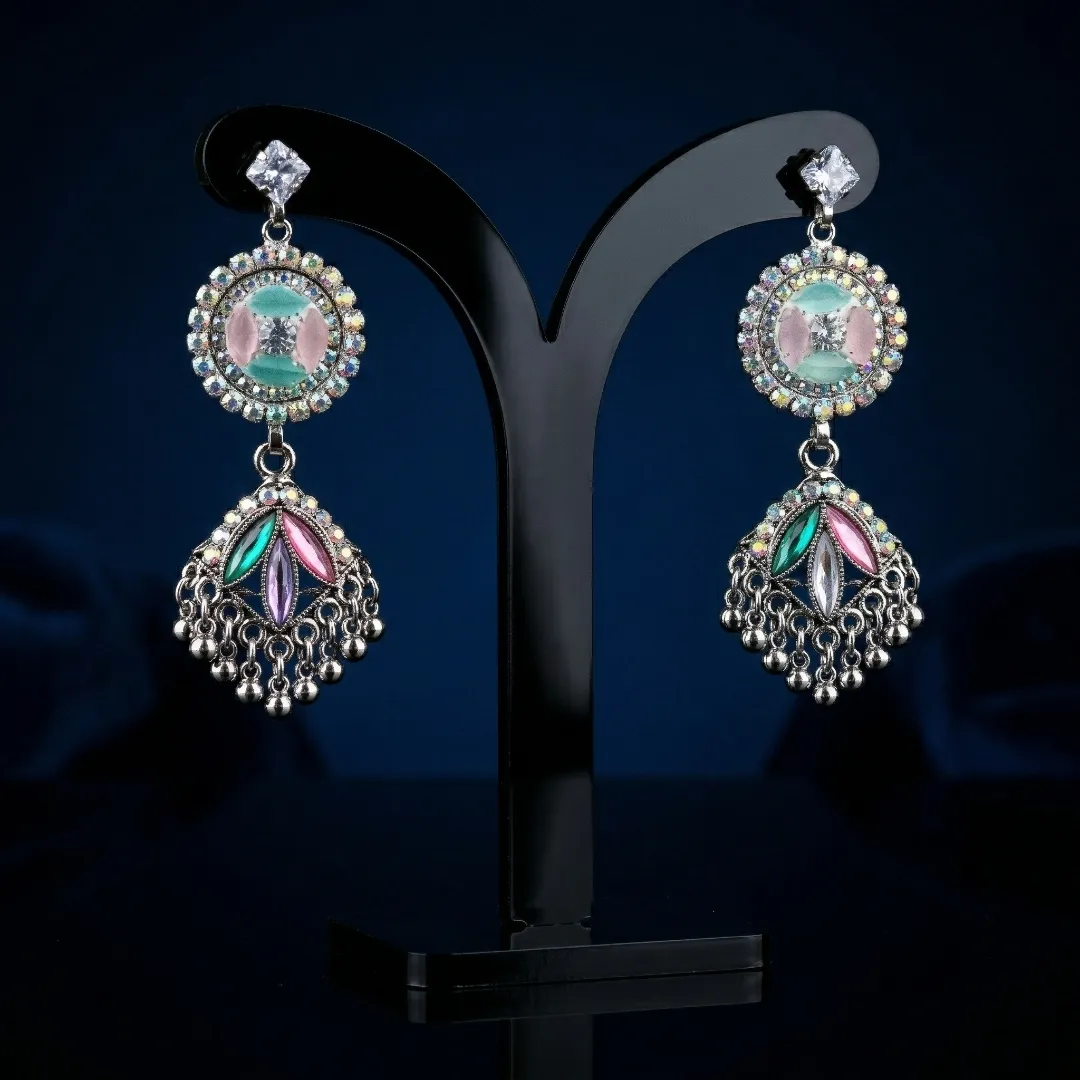 Silver Multicolor AD Stone Kundan Drop Earrings - Bridal Party Wear Jewellery