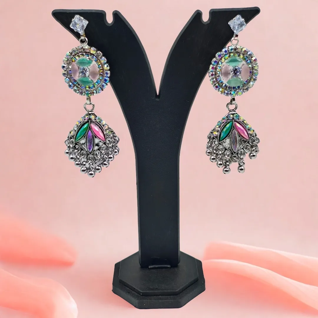 Silver Multicolor AD Stone Kundan Drop Earrings - Bridal Party Wear Jewellery