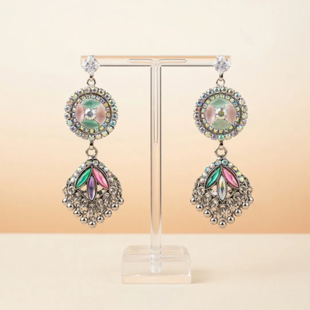 Silver Multicolor AD Stone Kundan Drop Earrings - Bridal Party Wear Jewellery