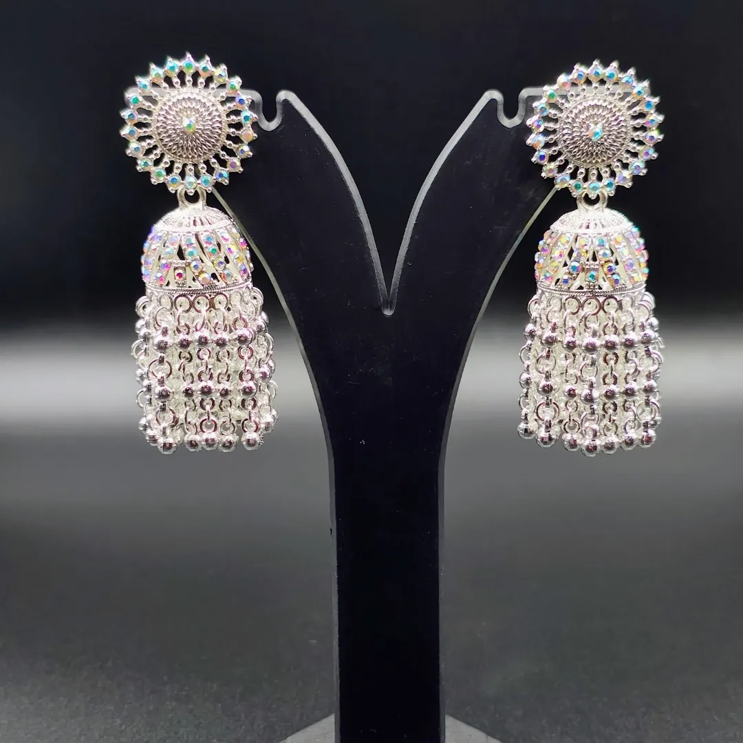 Silver Iridescent AB Stone Jhumka Earrings - Bridal Party Wear Traditional Jewellery