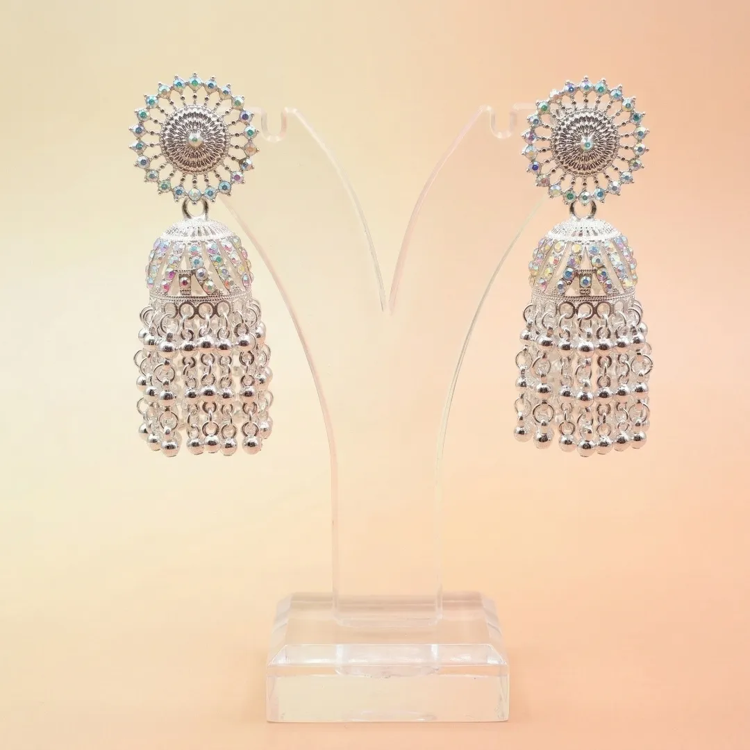 Silver Iridescent AB Stone Jhumka Earrings - Bridal Party Wear Traditional Jewellery