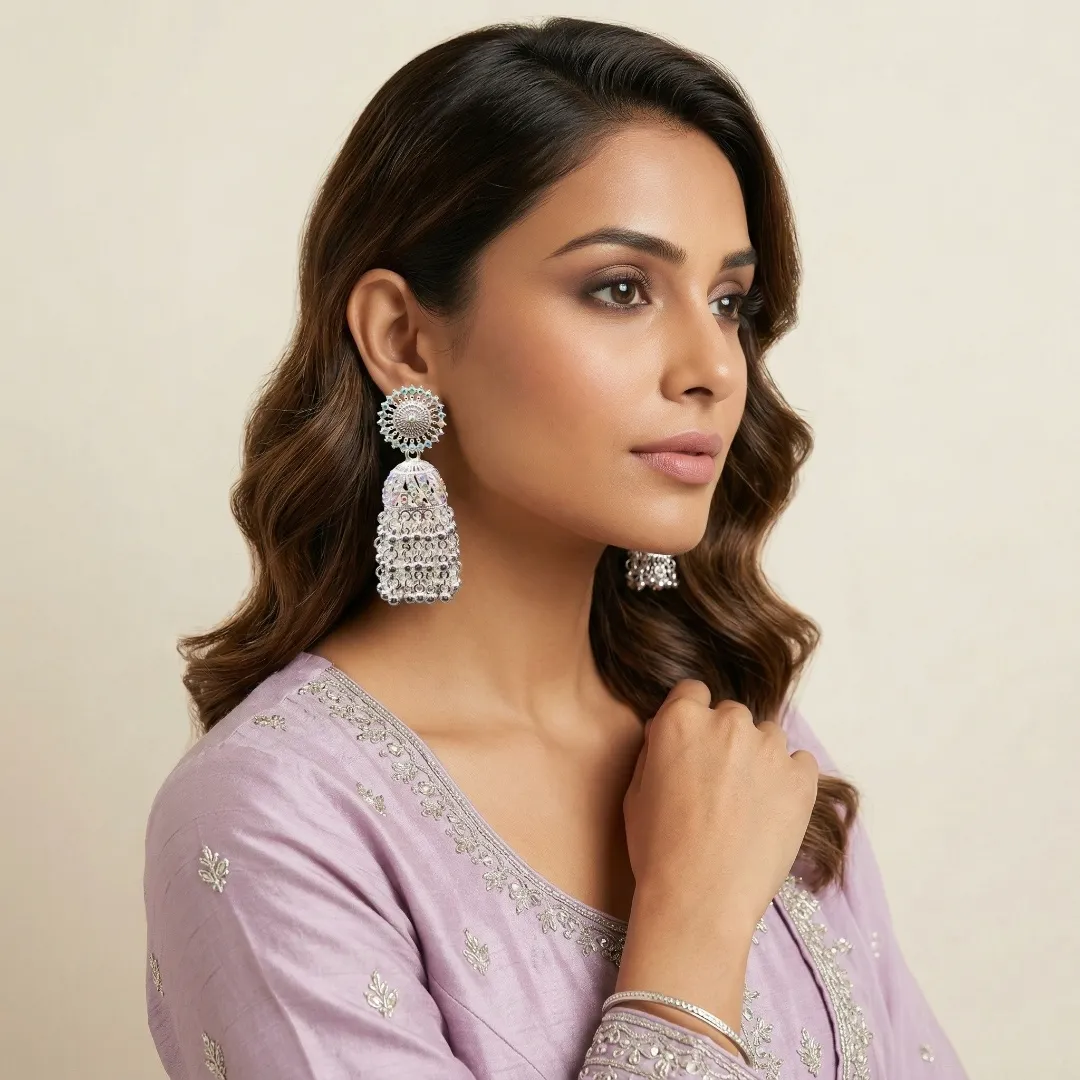 Silver Iridescent AB Stone Jhumka Earrings - Bridal Party Wear Traditional Jewellery