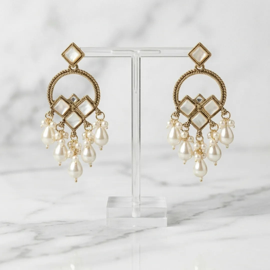 Gold Pearl Kundan Drop Earrings - Bridal Traditional Wedding Party Wear Jewellery