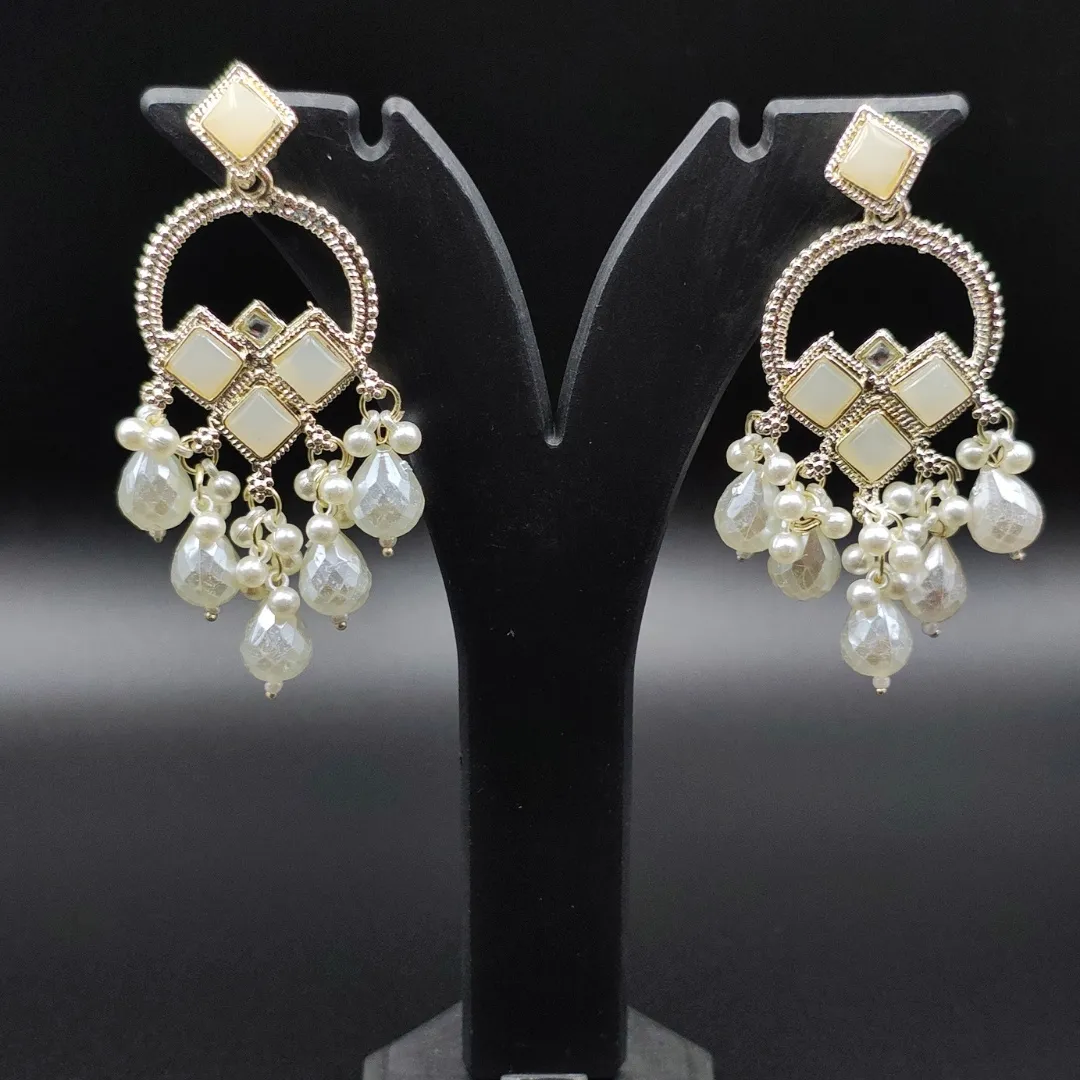 Gold Pearl Kundan Drop Earrings - Bridal Traditional Wedding Party Wear Jewellery