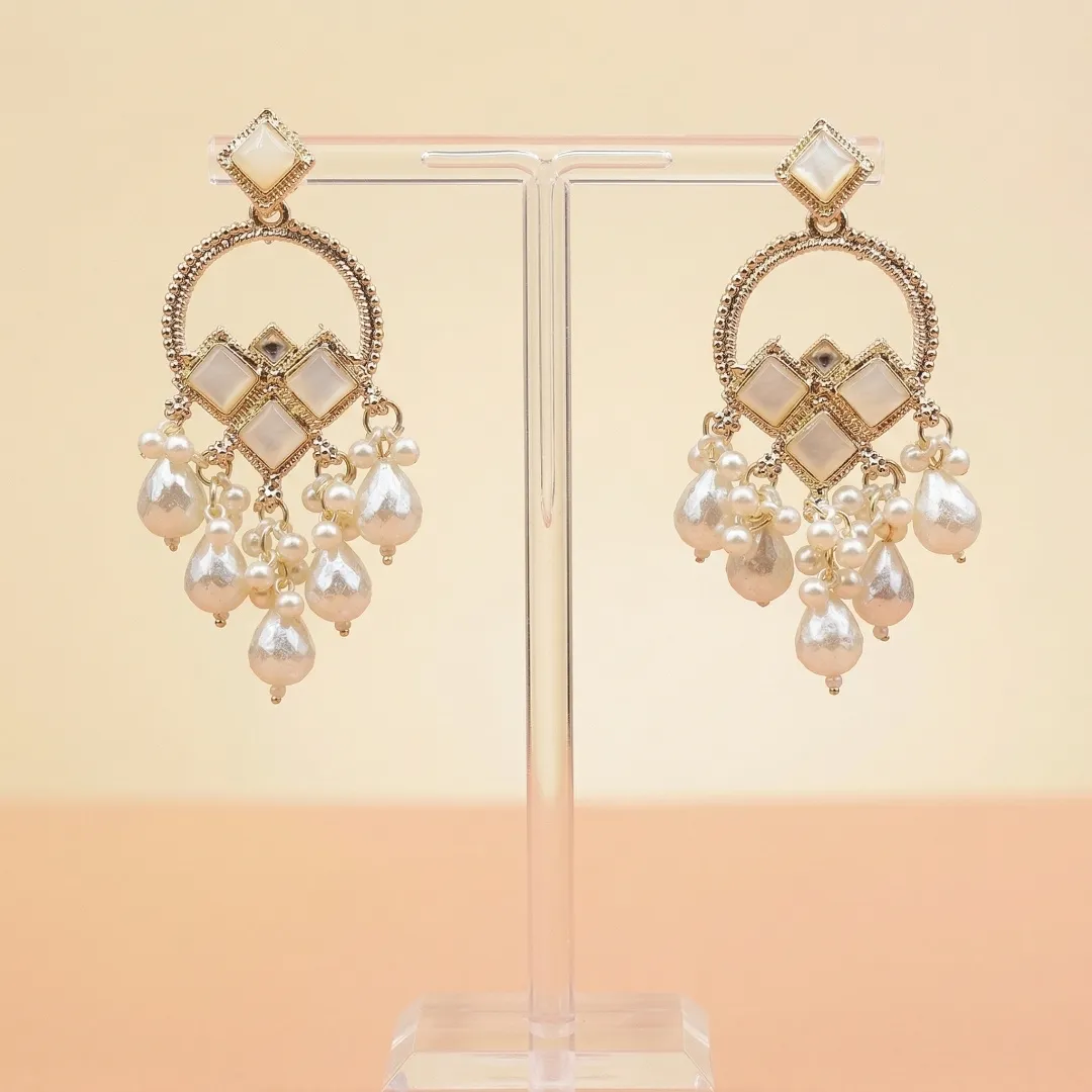 Gold Pearl Kundan Drop Earrings - Bridal Traditional Wedding Party Wear Jewellery