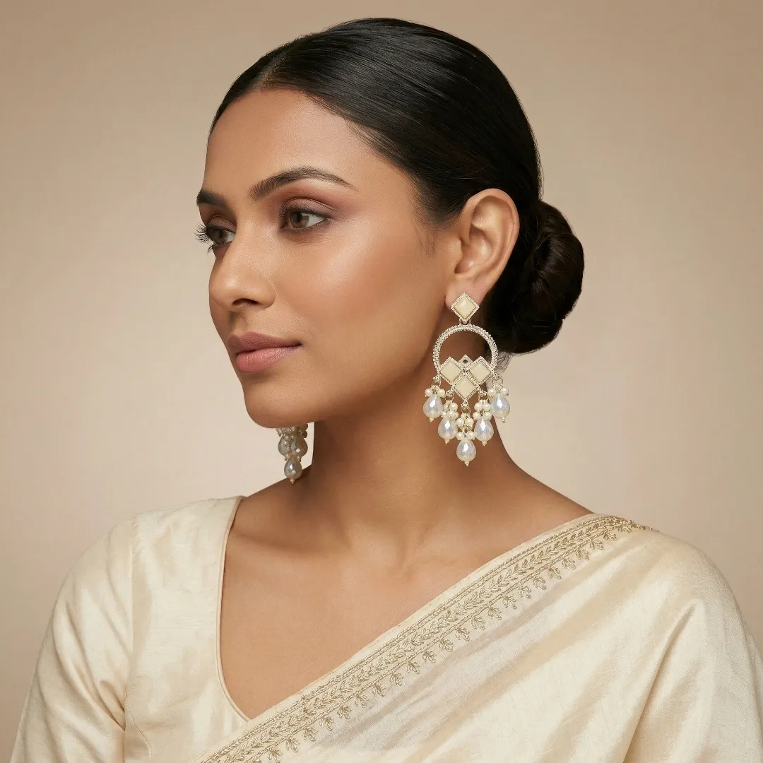 Gold Pearl Kundan Drop Earrings - Bridal Traditional Wedding Party Wear Jewellery