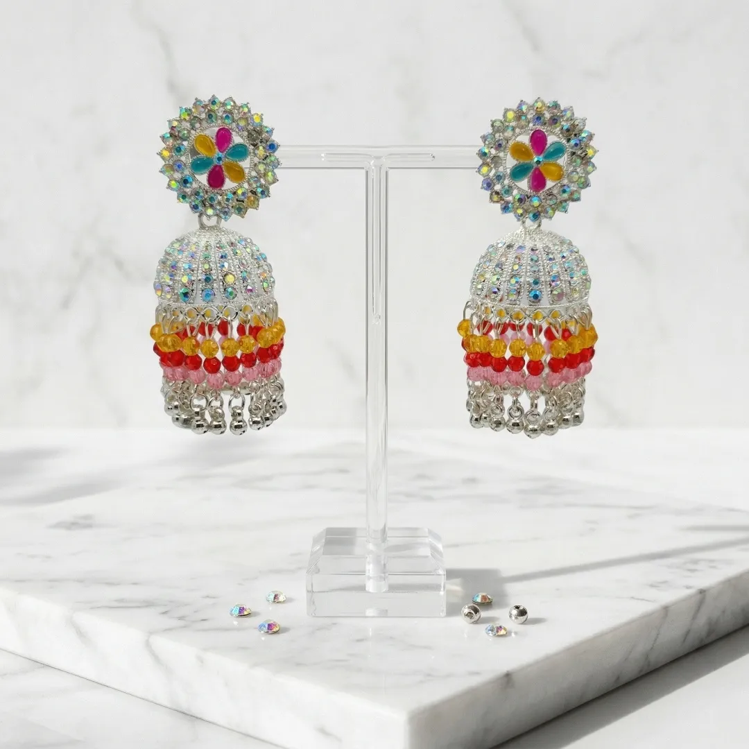 Colorful Kundan Crystal Jhumka Earrings - Bridal Party Wear Traditional Jewellery