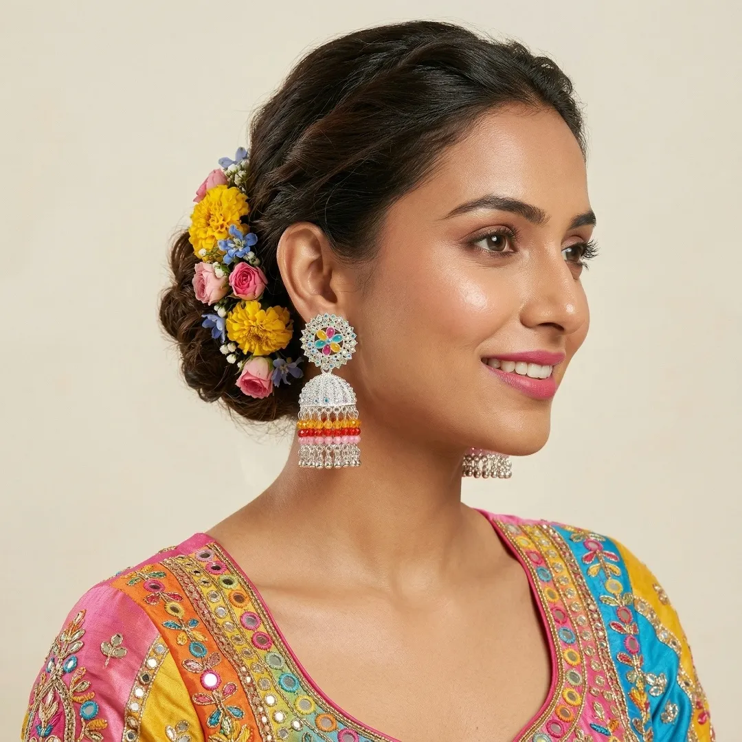 Colorful Kundan Crystal Jhumka Earrings - Bridal Party Wear Traditional Jewellery