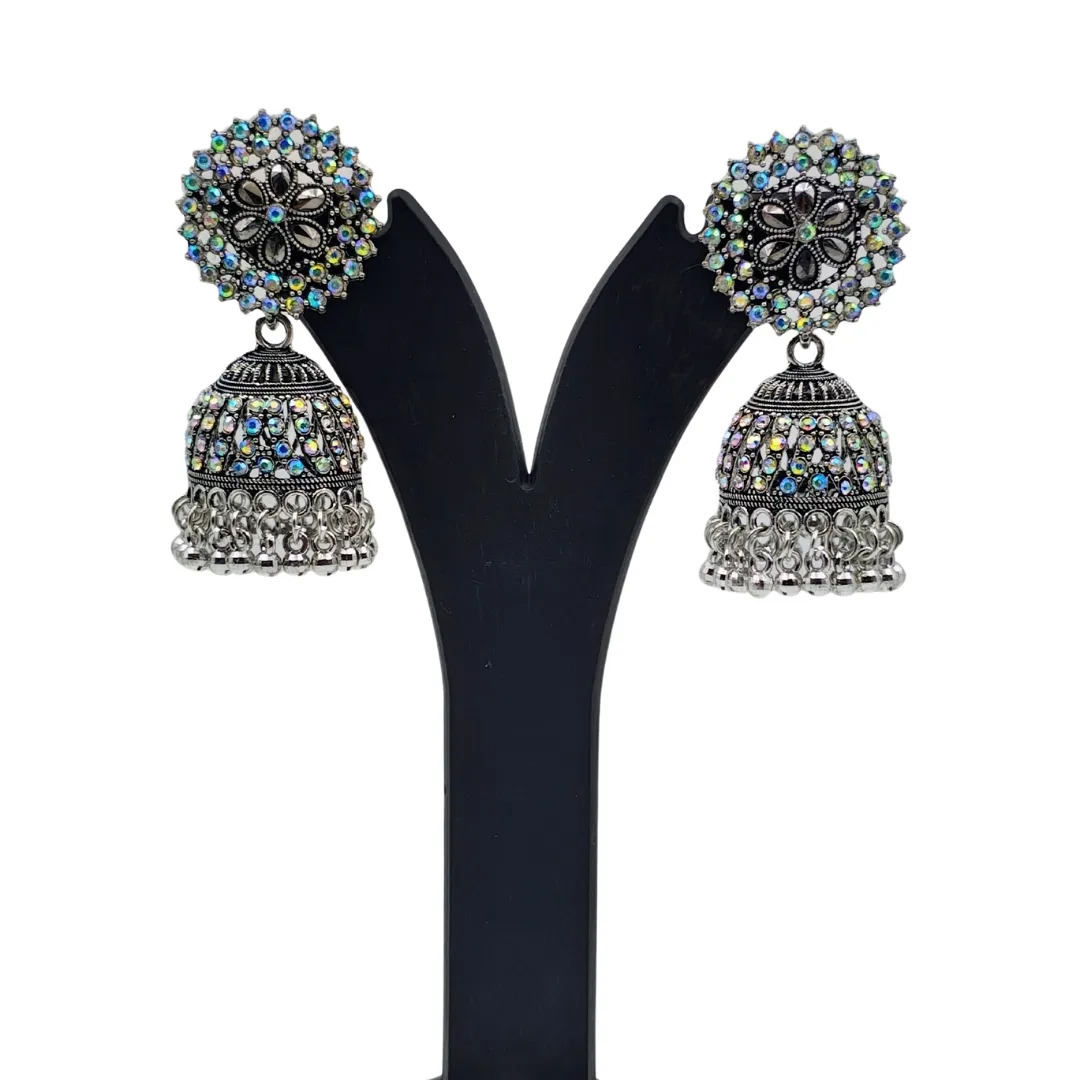 Oxidized Silver Multicolor AD Stone Jhumka Earrings - Bridal Traditional Wedding