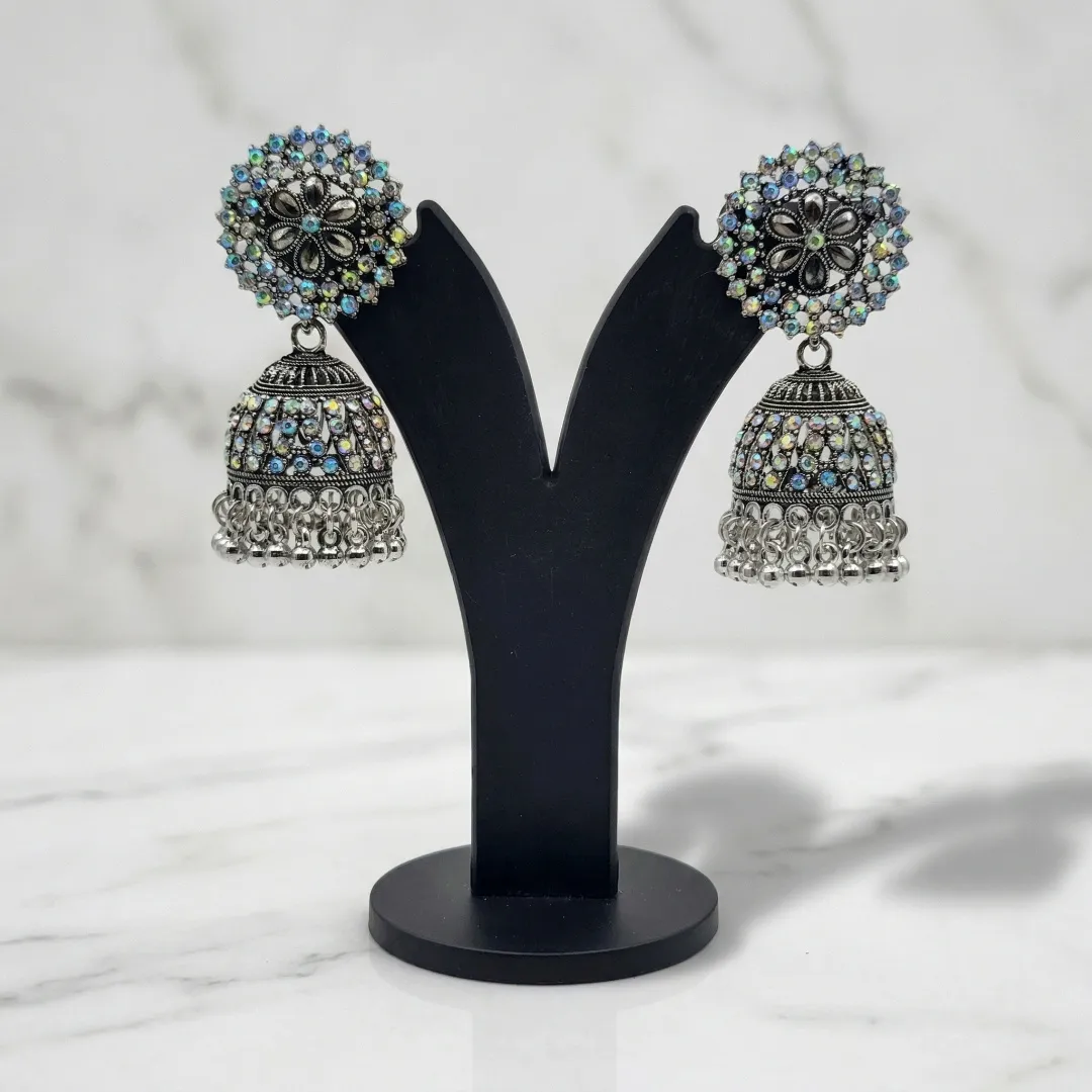 Oxidized Silver Multicolor AD Stone Jhumka Earrings - Bridal Traditional Wedding